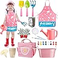 GINMIC Kids Gardening Tools with STEM Learning Guide, Apron, Watering Can, Gloves, Shovel, Rake, & Painting Accessories Beach Sand Toy For Garden, Easter Gifts for Girls