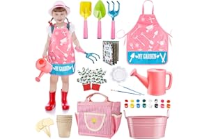 GINMIC Kids Gardening Tools with STEM Learning Guide, Apron, Watering Can, Gloves, Shovel, Rake, & Painting Accessories Beach Sand Toy For Garden, Easter Gifts for Girls