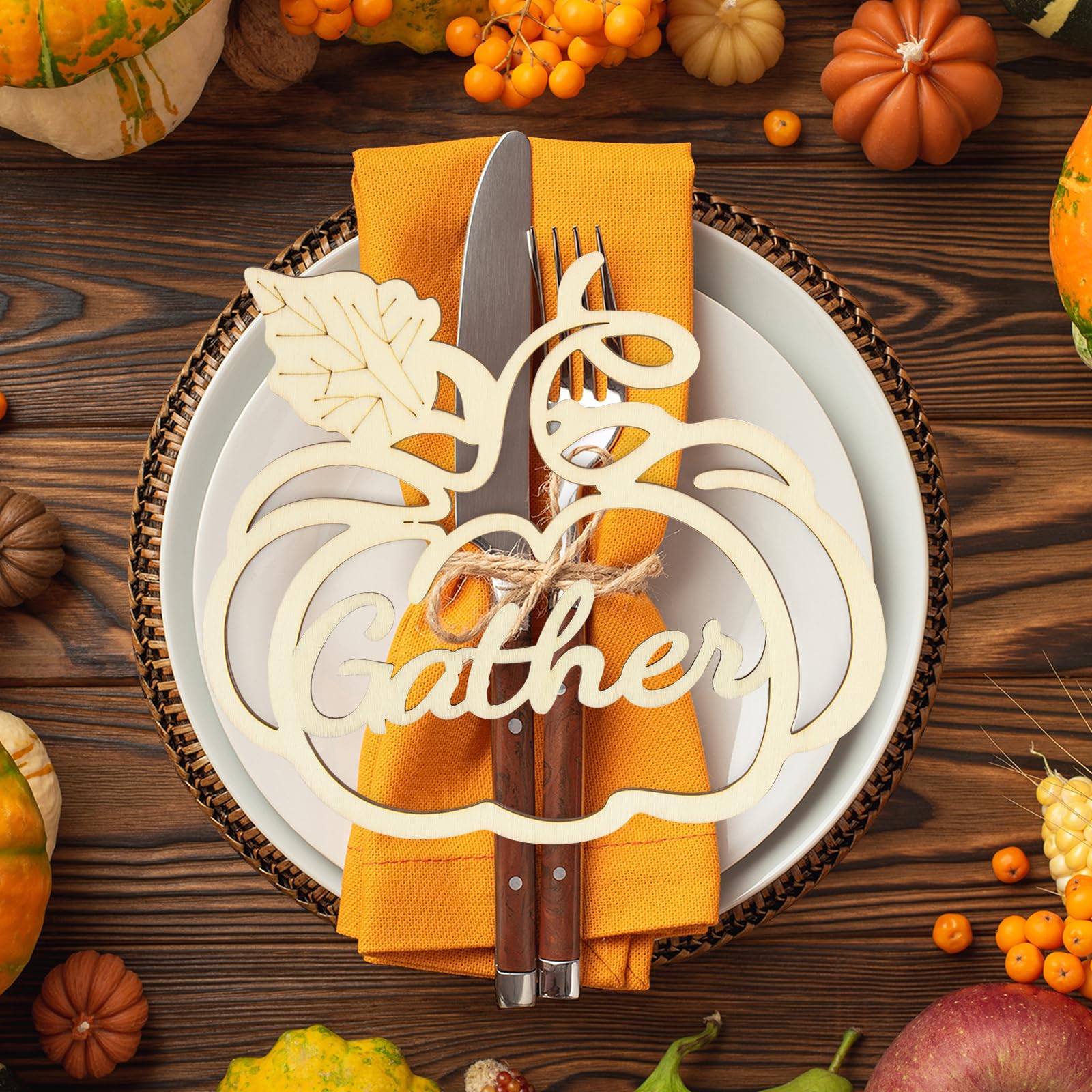 View 1 of 12 Pcs Thanksgiving Pumpkin Wooden Plate Decor Grateful Wood Cutouts Fall Autumn Thankful Blessed Favour Gather Party Place Card Table Settings Signs for Farmhouse Dining Table Holiday Harvest