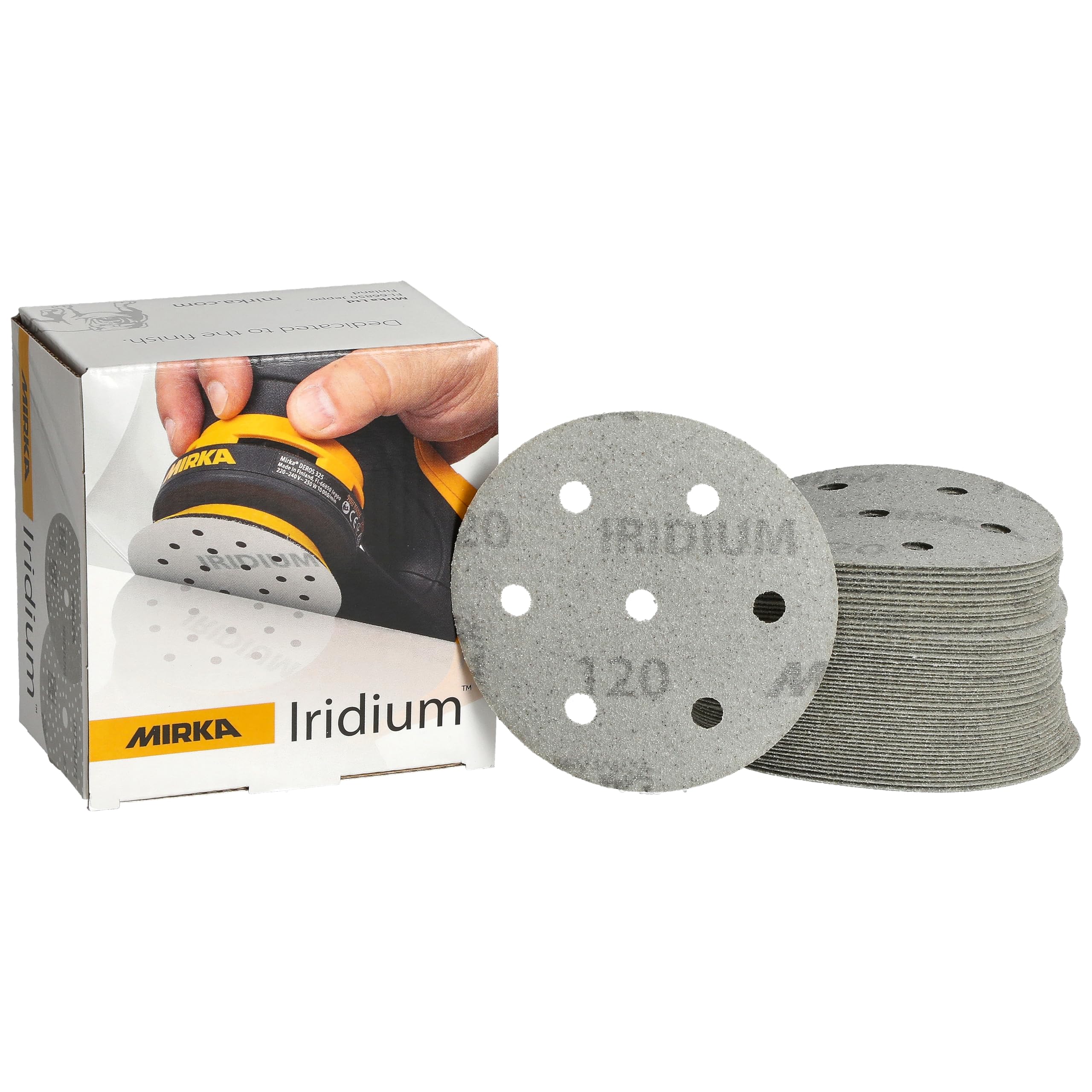 Mirka Iridium Premium-Schleifpapier Ø 90mm Hook & loop 7-Loch, Korn 120, 50 Stk/Zum Schleifen von Lack, Spachtel, Grundierung, Holz, Stahl, Mineralwerkstoffe, Kunststoff