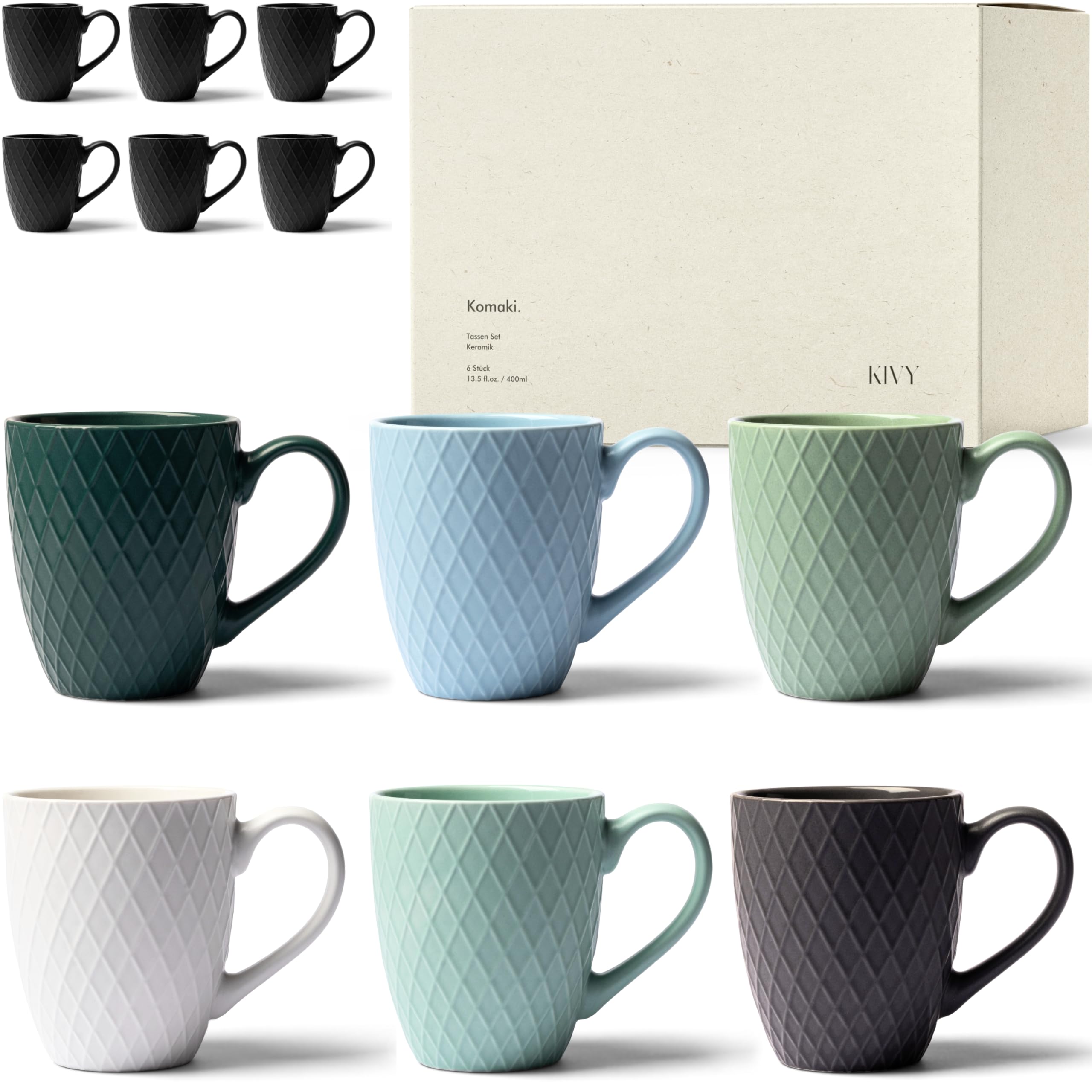 Coffee Cups Set of 6 [Pastel Matte] Large Tea Cup – Stylish Coffee Cups Made of Solid Ceramic – Coffee Cups with Large Handle – 400 ml