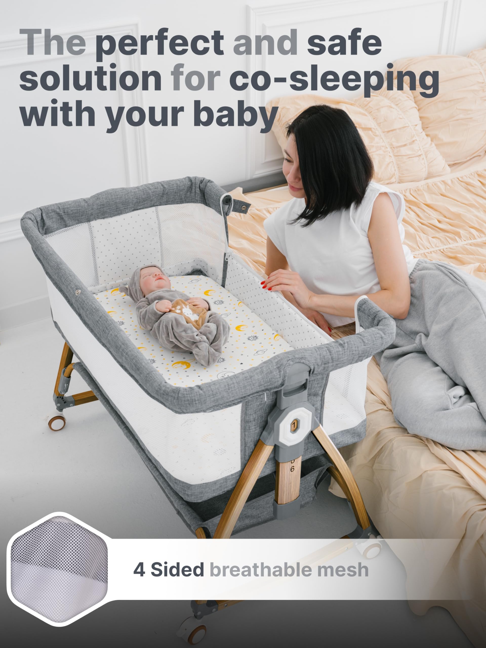 Earth&ME Bedside Bassinet for Baby – Portable Co-Sleeper Crib with Adjustable Height, Breathable Mesh Sides, Storage Basket, Mosquito Net (Wood Grain, Grey)