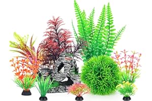 Borlech Aquarium Rock Decorations and Fish Tank Plastic Plants Decor Set 9 Pieces