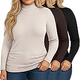 Riyiper 3 Pack Women's Ribbed Plus Size Mock Turtleneck Tops, Long Sleeve Slim Fit T-Shirts Pullover Sweater Basic Layer Top