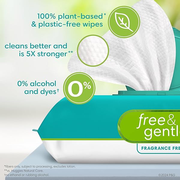 PAMPERS FREE & GENTLE 100% PLANT-BASED FRAGRANCE FREE BABY WIPES, 6 PACK, 468 COUNT