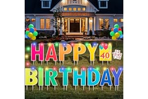 COMBOJOY Happy Birthday Yard Sign with Stakes, Customizable Age Birthday Sign with 32.8 ft Colorful LED Lights, 20 Number Stickers & 20 Balloons, Versatile Indoor/Outdoor Decorations for Parties, Lawn & Garden
