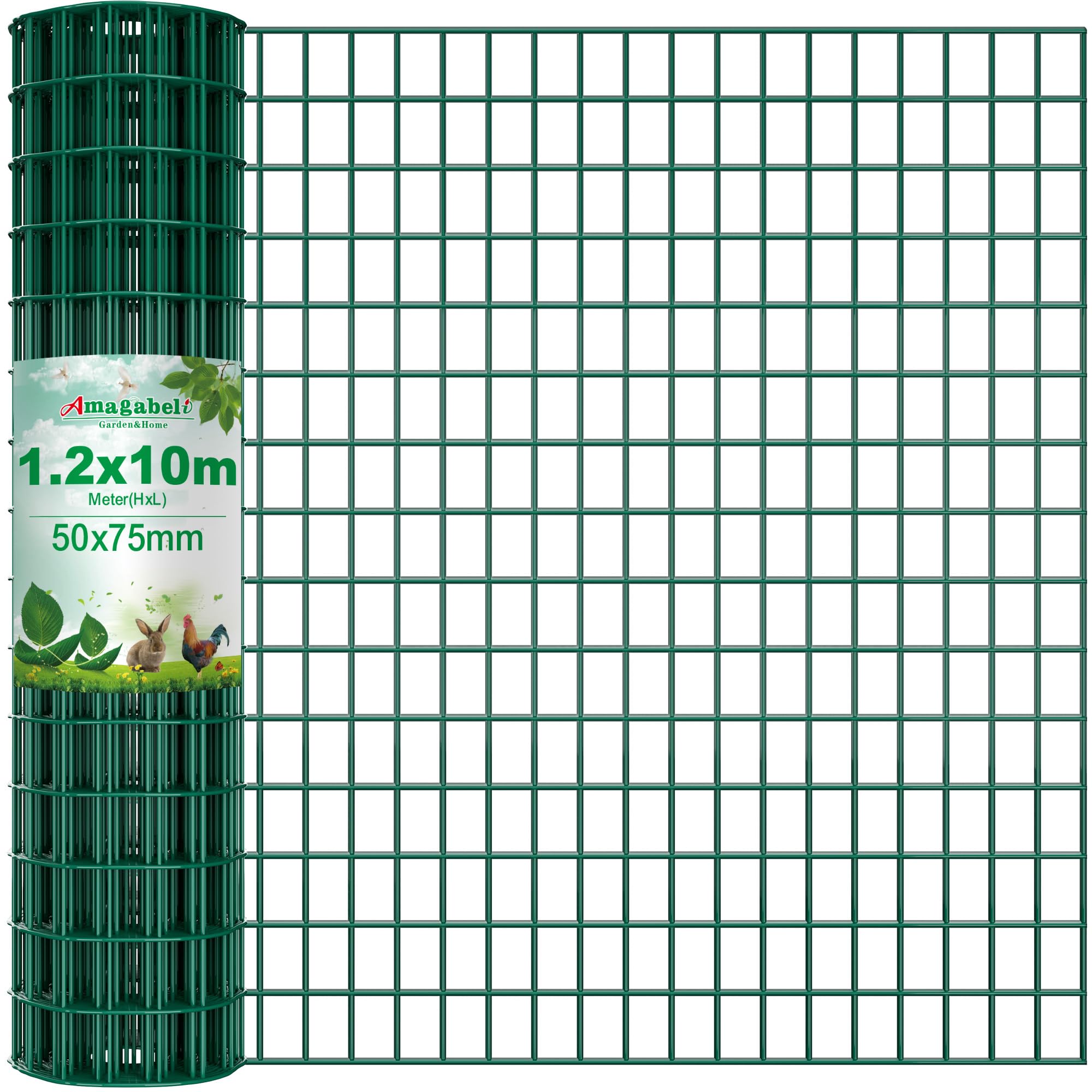 Amagabeli 1.2M x 10M Rust-Proof Green PVC Coated Galvanized Wire Mesh Fence Heavy Duty(50x75mm Mesh, 2.0mm Wire, RAL6005) Garden Fencing, Chicken Coop Barrier, Poultry Netting, Plant Support