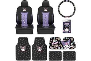 CARBELLA Kuromi Car Seat Covers, Car Floor Mats, Steering Wheel Cover, Windshield Sun Shade Gift Pack with Air Freshener Black and Purple Hello Kitty Accessories for Women 9pc Combo