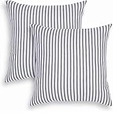 Cackleberry Home Navy Blue and White Ticking Stripe Woven Cotton Decorative Square Throw Pillow Case Covers 18 x 18 Inches, Set of 2