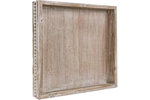MAONAME Wood Serving Tray, Farmhouse Wooden Tray for Coffee Table, Rustic Square Trays with Beads, Washed White Decorative Trays for Living Room, Kitchen, 12" X 12" X 1.6"
