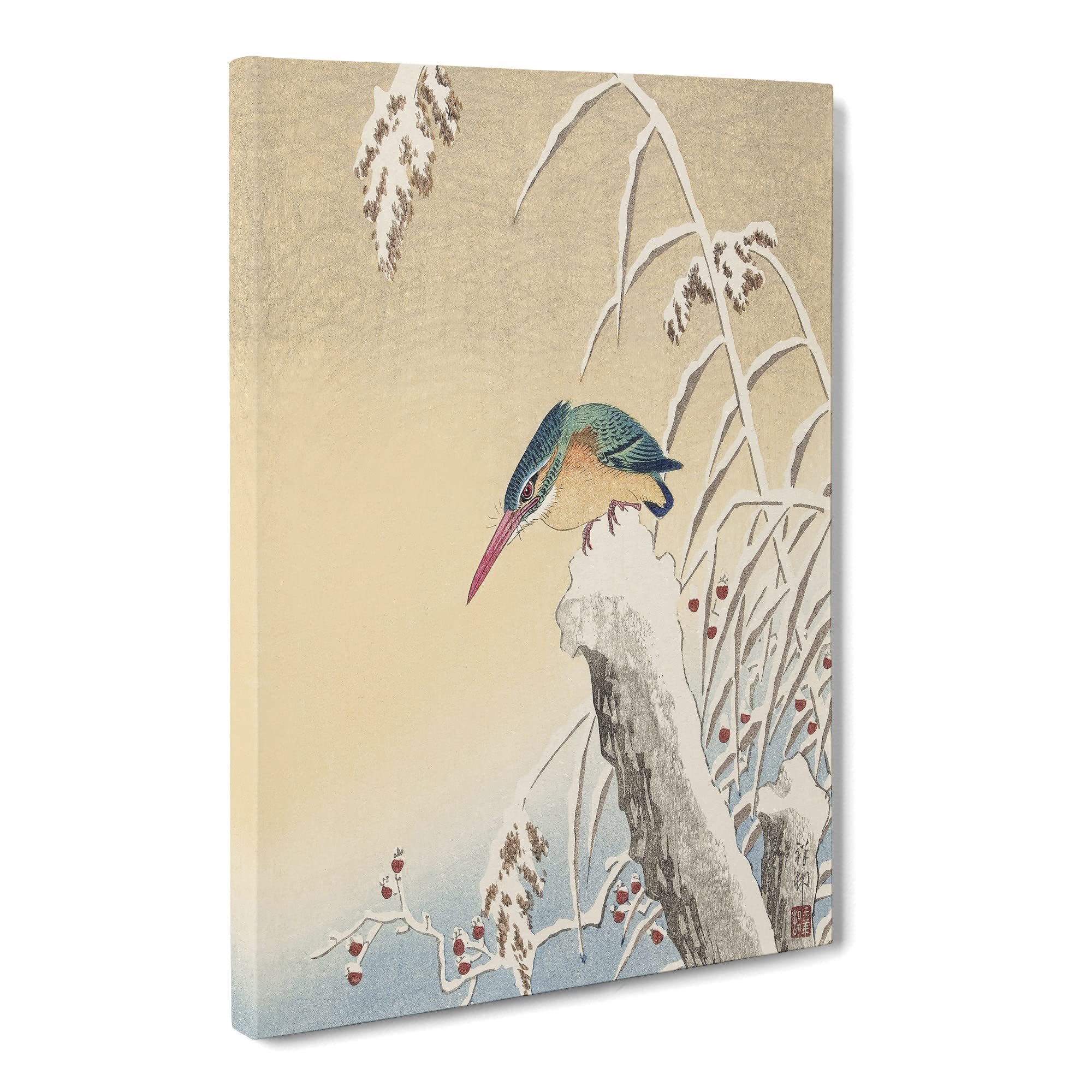 Kingfisher In The Snow By Ohara Koson Canvas Print | Gallery Wrapped 30mm Frame Wall Art | 20x14 inches | Ready to Hang | Asian Landscape Picture | Living Room Bedroom Lounge Office