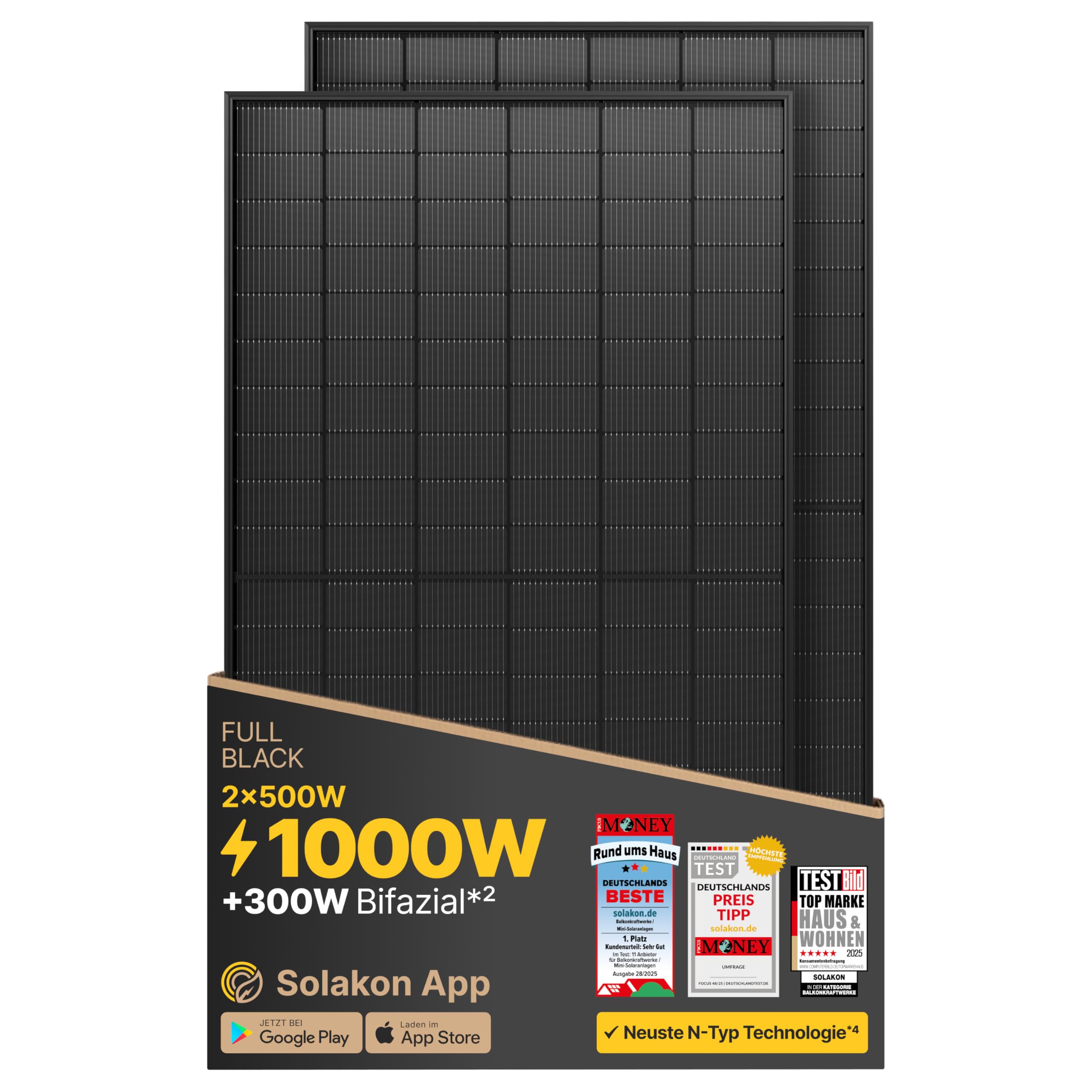 Solakon Solarpanel 500W, Bifazial Glas-Glas N-Type Solarmodul, 40v Full Black Solarmodule/Solar Module für Balkonkraftwerk/Solaranlage, 500w Solar Panel für Photovoltaik Komplettanlage (2 Stk)