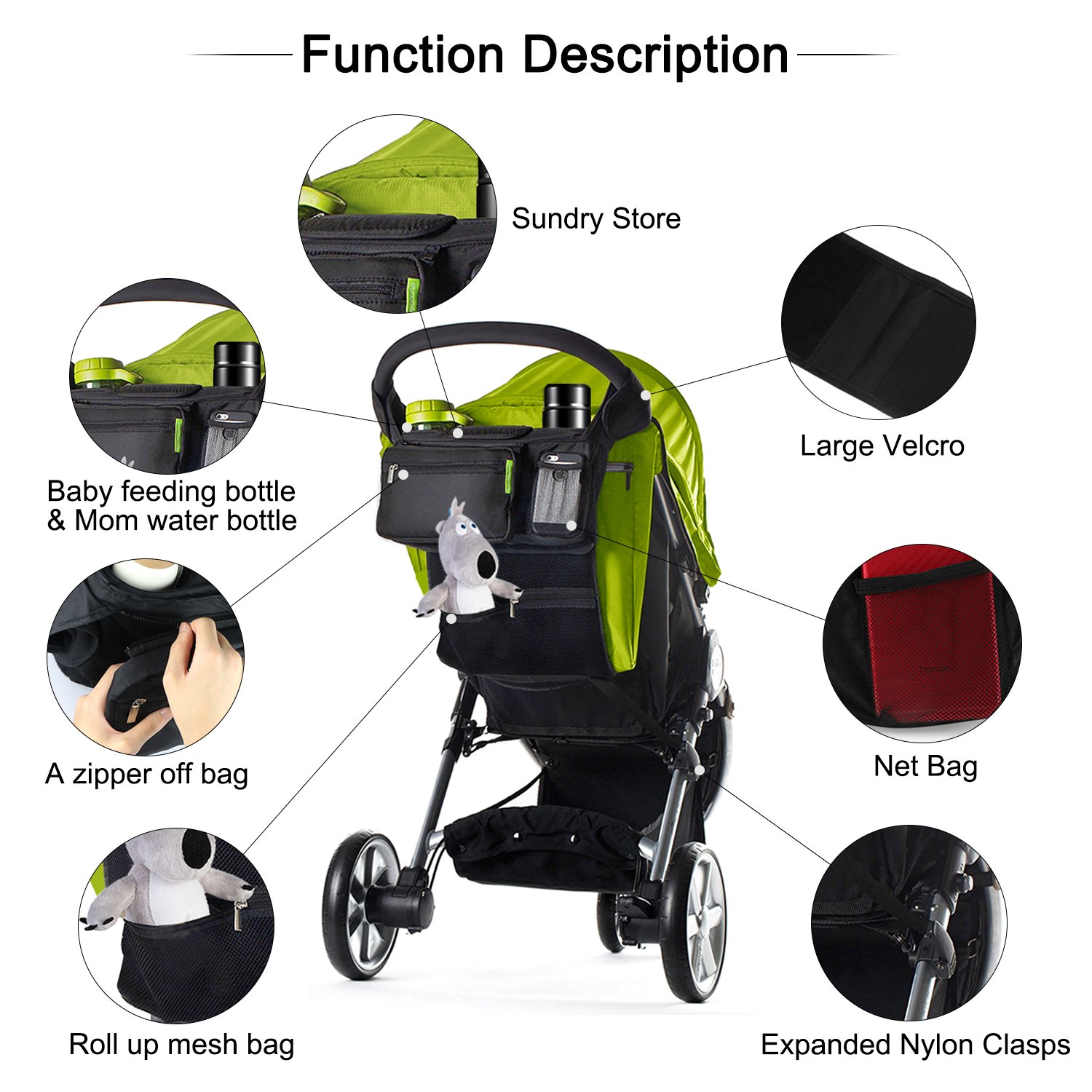 Stroller Organizer Black, ProCIV Universal Baby Stroller Bag Fits All Strollers Premium Deep Insulated Stroller Cup Holders Extra-Large Storage Space for iphones Diapers Cups Toys