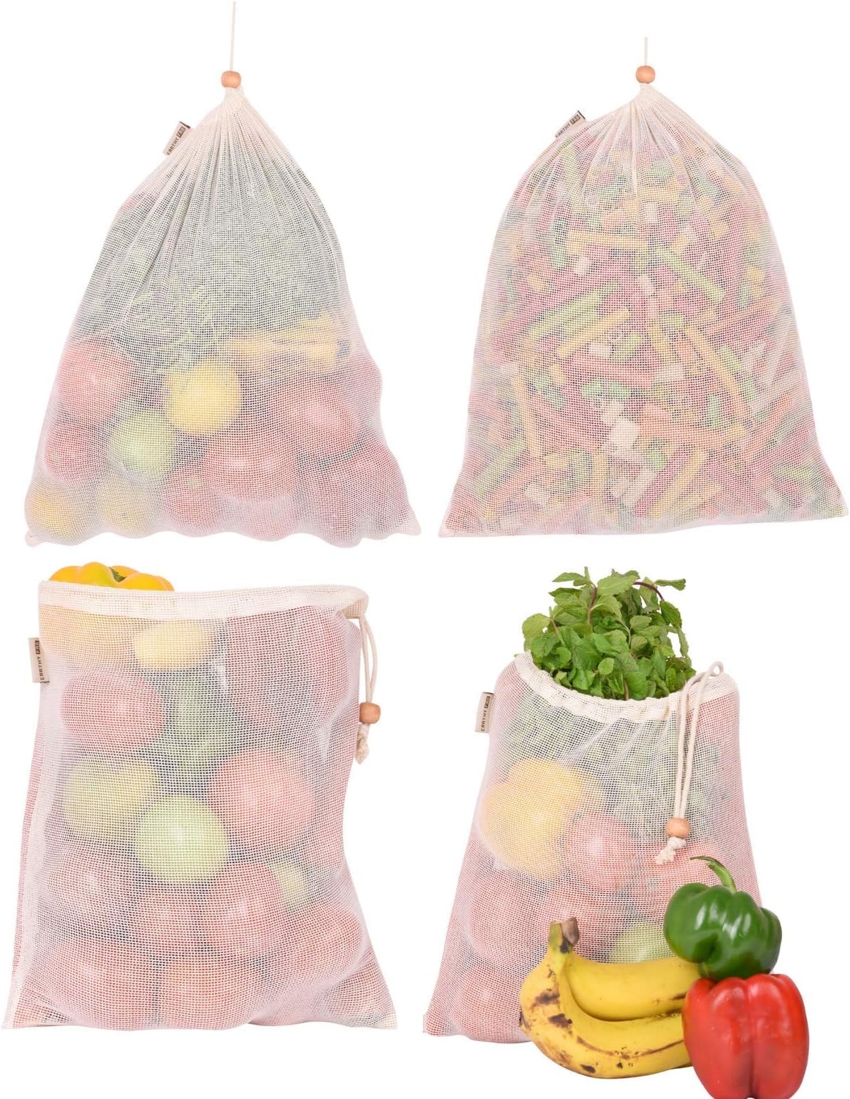 Earthy Fab 100% Cotton Net Mesh Fridge Storage Bag for Vegetables and Fruit Multipurpose, Reusable, Eco Friendly. Set of 4