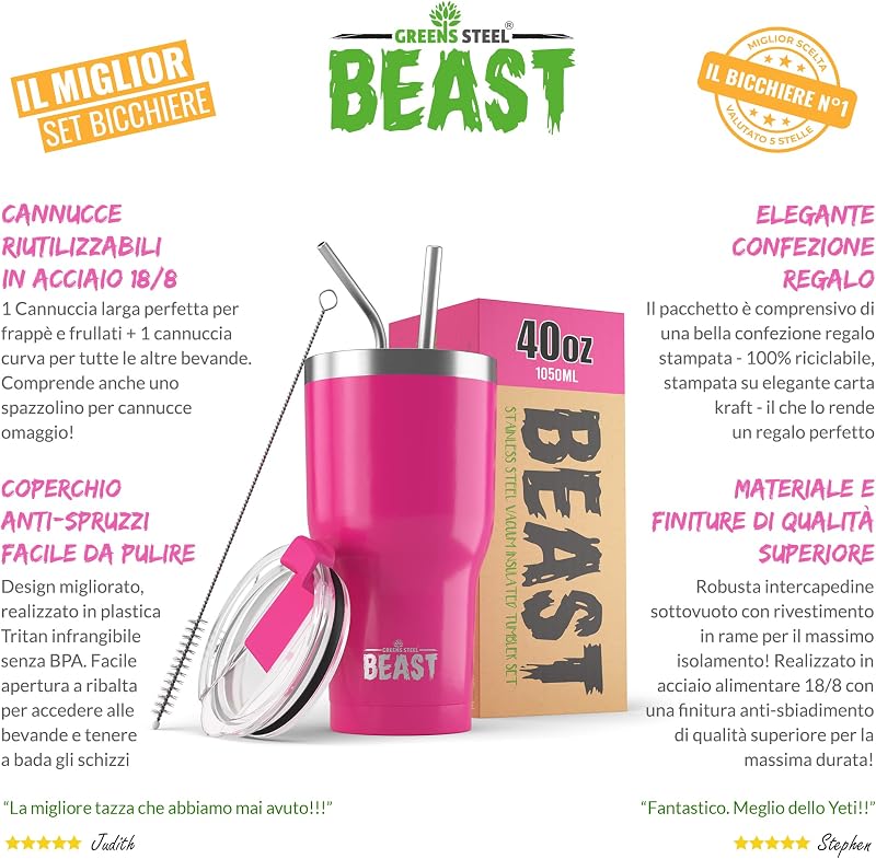 Beast Tumbler – 900 ml (30 oz), Rosa Confetto | Bicchiere termico in acciaio inox riutilizzabile con isolamento sottovuoto | con 2 cannucce e spazzola per la pulizia | Tazza a doppia parete