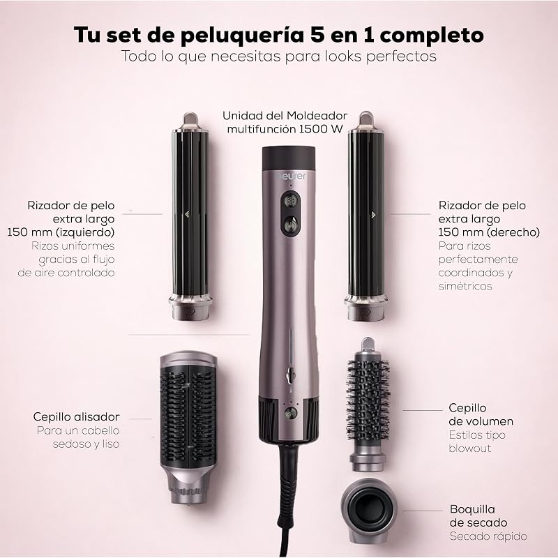 HT 110 Airstyler 5 en 1, moldeador de cabello multifuncional para rizos, alisado y volumen, peinado suave para todo tipo de cabello, cerámica turmalina, tecnología iónica, 5 accesorios