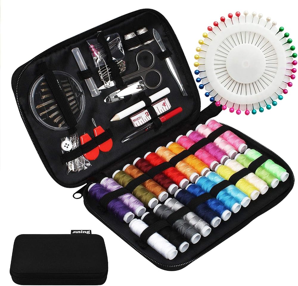 JUNING Sewing Kit with Case 130 pcs Threads Scissors Needles Travel Emergency