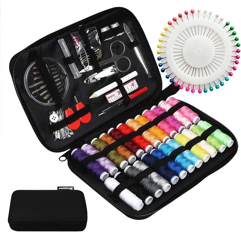 JUNING Sewing Kit with Case 130 pcs Threads Scissors Needles Travel Emergency