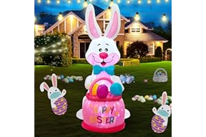 HZGDEJTG 6ft Bunny Easter Outdoor Inflatable Decoration with Flower Basket, Built-in LED Lights and Kaleidoscope Lights, Suitable for Holiday Parties, Lawn, Yard Outdoor Decoration