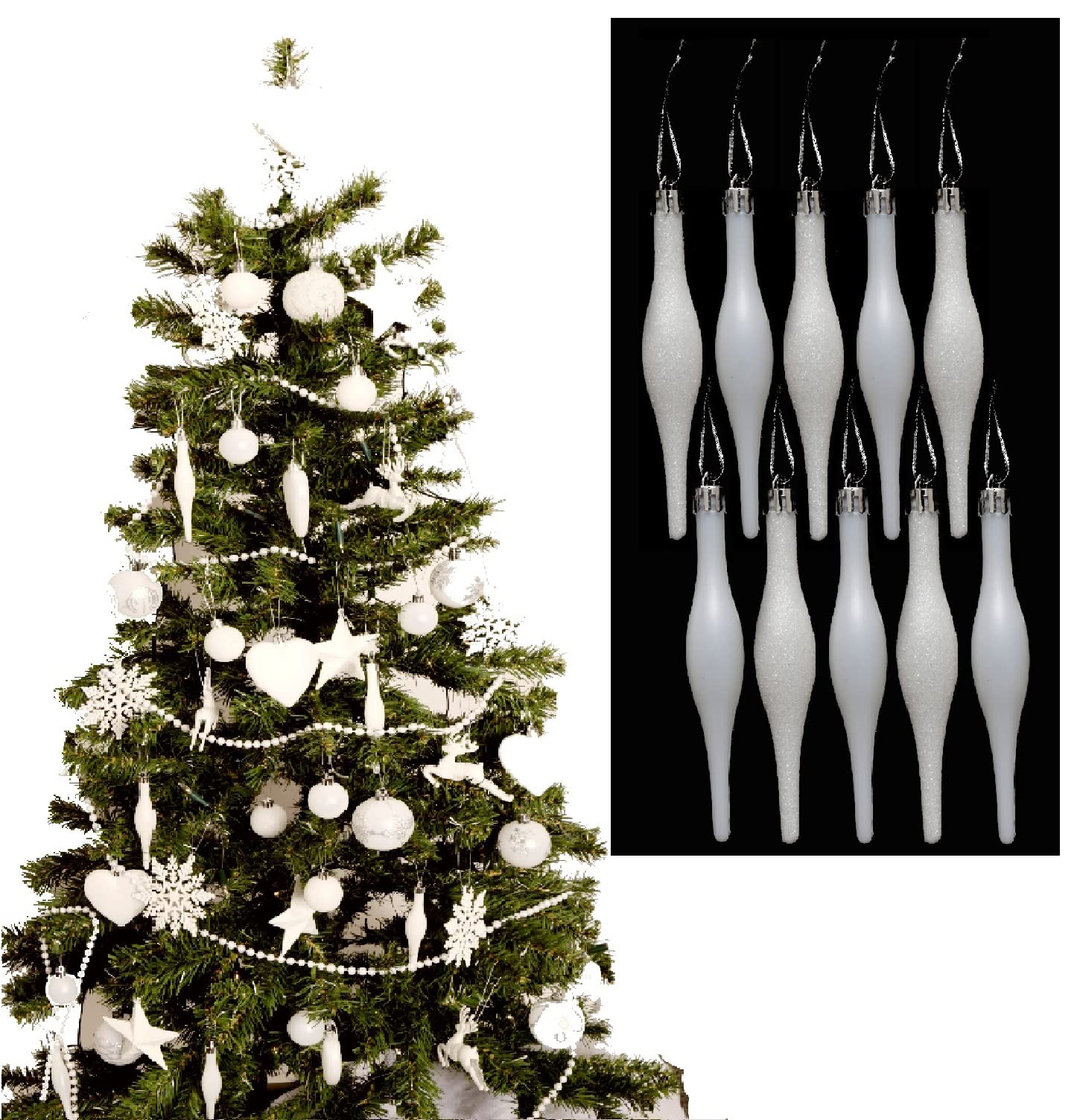 Simply Products 10 Droplet Baubles - Great Christmas Tree Decoration, Matte & Glitter Icicle Baubles (White Glitter & Matte)