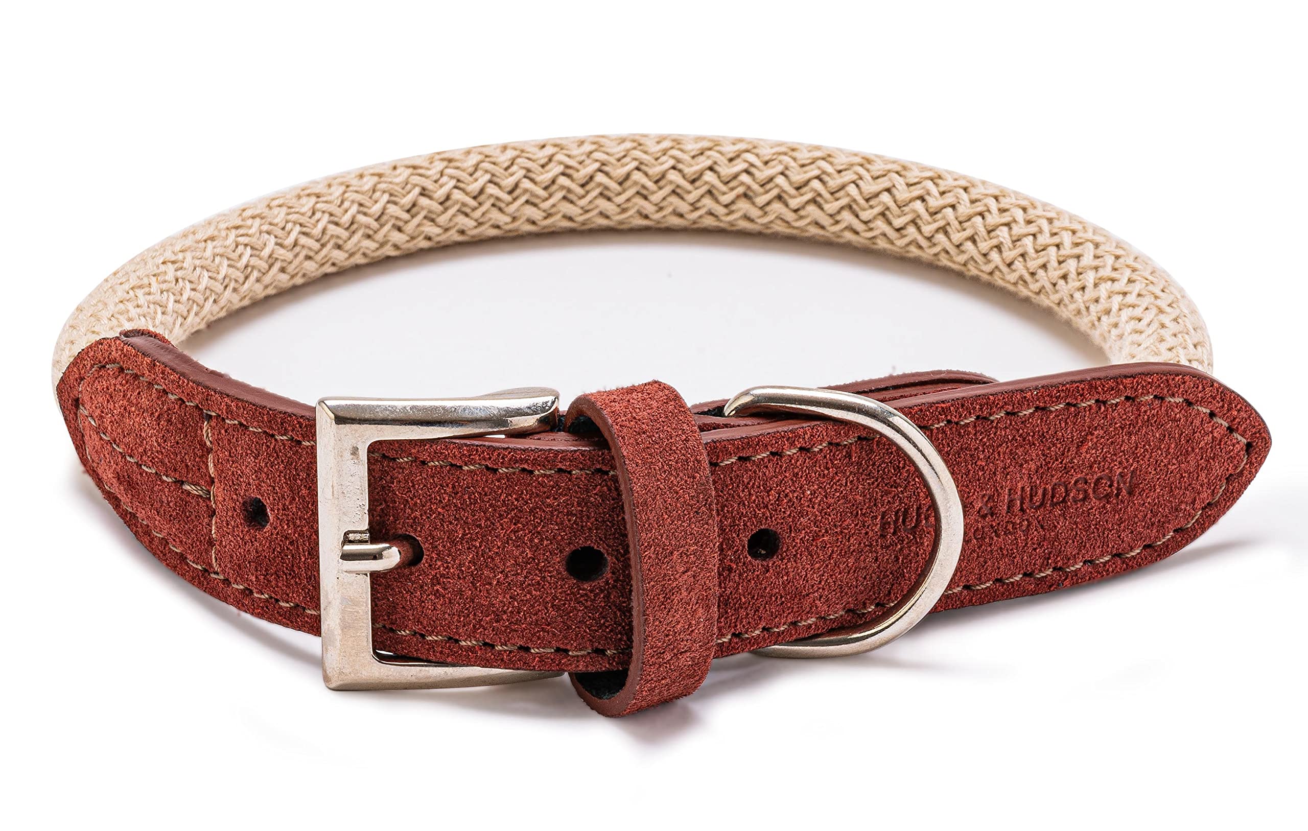HUGO & HUDSON Luxury Dog Collar Round Rope and Leather with Adjustable Metal Buckle, Brown 55cm