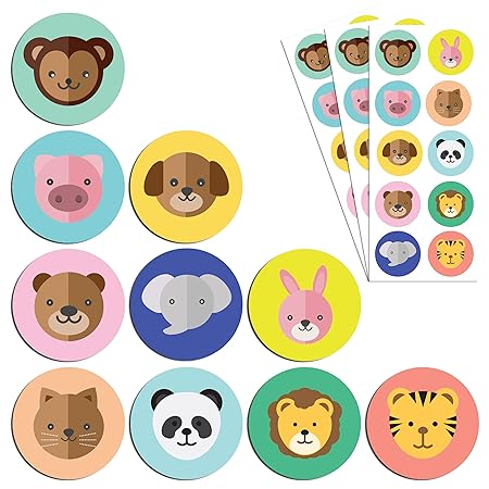 TownStix Tier Kinder Aufkleber Sticker Set, (Hund, Katze, Löwe, Elefant) - 10 Designs, 20 Blätter, 200 Stücke