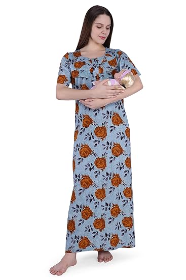 Women's Cotton Feeding Nighty/Maternity Nighty/Nursing Nighty for Post & Pre Pregnancy Wear with Zip - Free Size