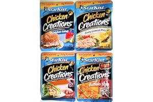 Starkist CHICKEN CREATIONS Ultimate Variety 4 Pack, NEW for 2018! 1 Pack each of TERIYAKI, CHICKEN SALAD, ZESTY LEMON PEPPER, BUFFALO STYLE + FREE pack of silver plastic utensils. 2.6 oz.