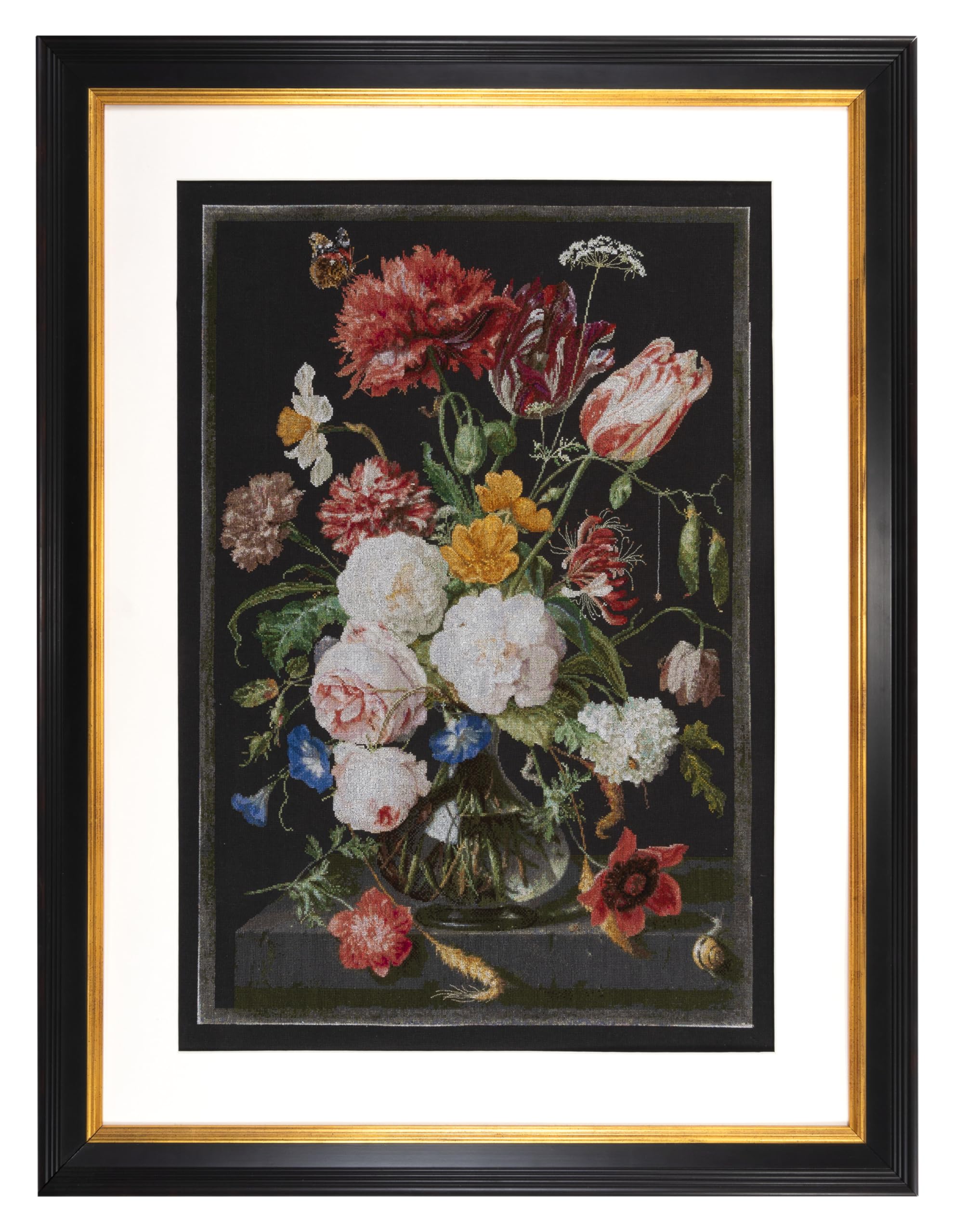 Thea Gouverneur - Counted Cross Stitch Kit - Still Life with Flowers in a Glass Vase - Aida Black - 18 Count - for Adults - DMC Embroidery Threads and Other Cross Stitch Supplies Included - 785.05
