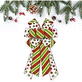 Estivaux Large Christmas Bows for Wreath, Merry Christmas Wreath Bows Holiday Green Stripes Dots Burlap Bow Xmas Tree Craft Bows for Front Door Christmas New Year Decorations