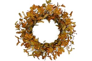 AMF0RESJ Artificial Fall Wreaths for Front Door Autumn Door Wreath with Eucalyptus Leaves,Maple Leaves,Small Pumpkin,Berries for Front Door Indoor Outdoor Farmhouse Home Wall Window Festival Wedding Decor