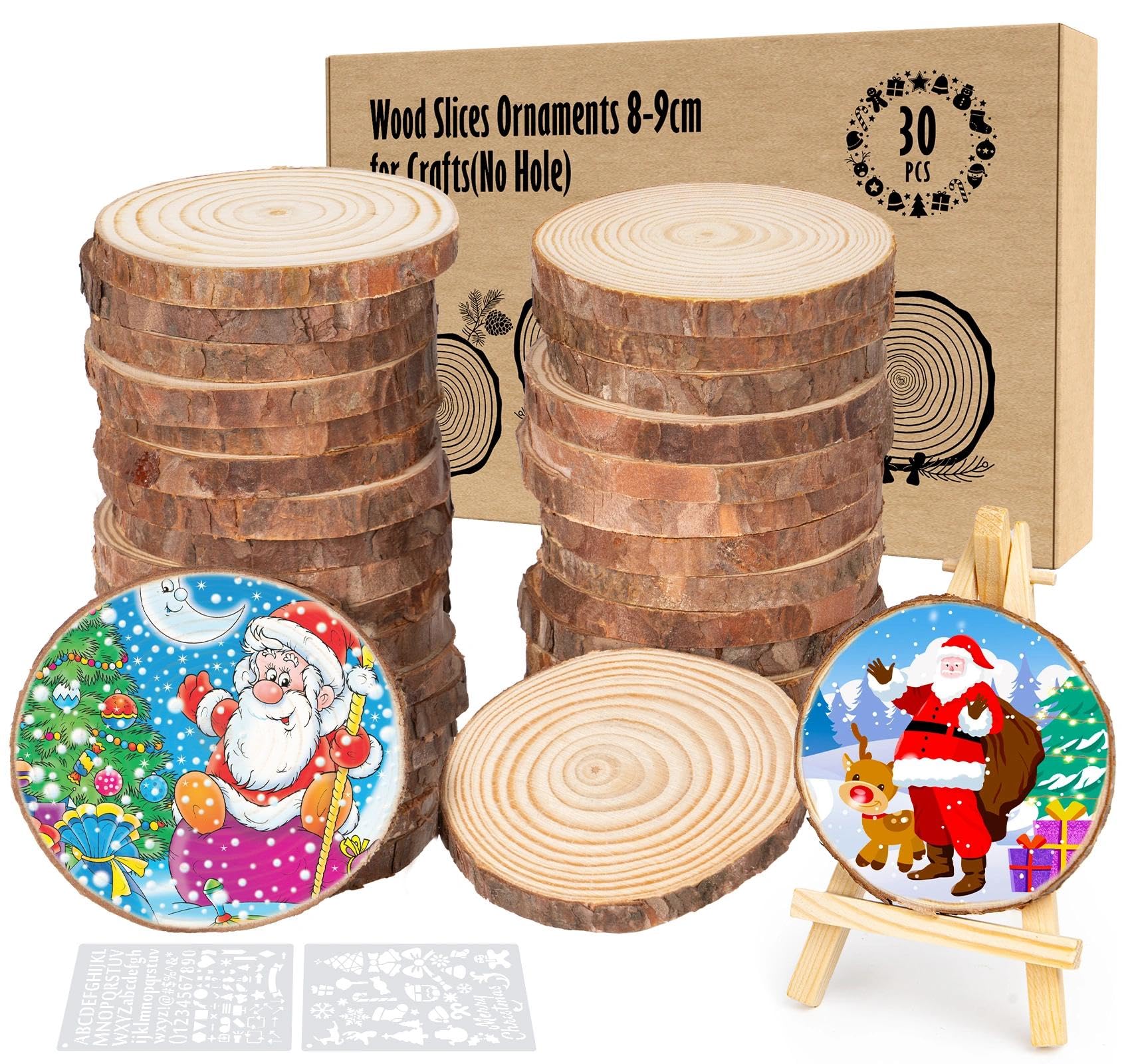 ilauke 30Pcs Natural Wood Slices for Crafts, 8-9cm Undrilled Wooden Log Slices, Unfinished Wooden Discs with 2 Easel & 2 Painting Templates for DIY Crafts Coasters Wedding Christmas Ornaments