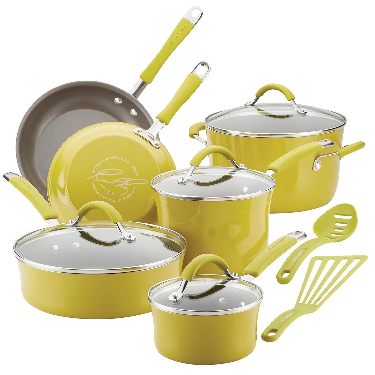Rachael Ray 16806 12-Piece Aluminum Cookware Set Lemongrass Green (Renewed)