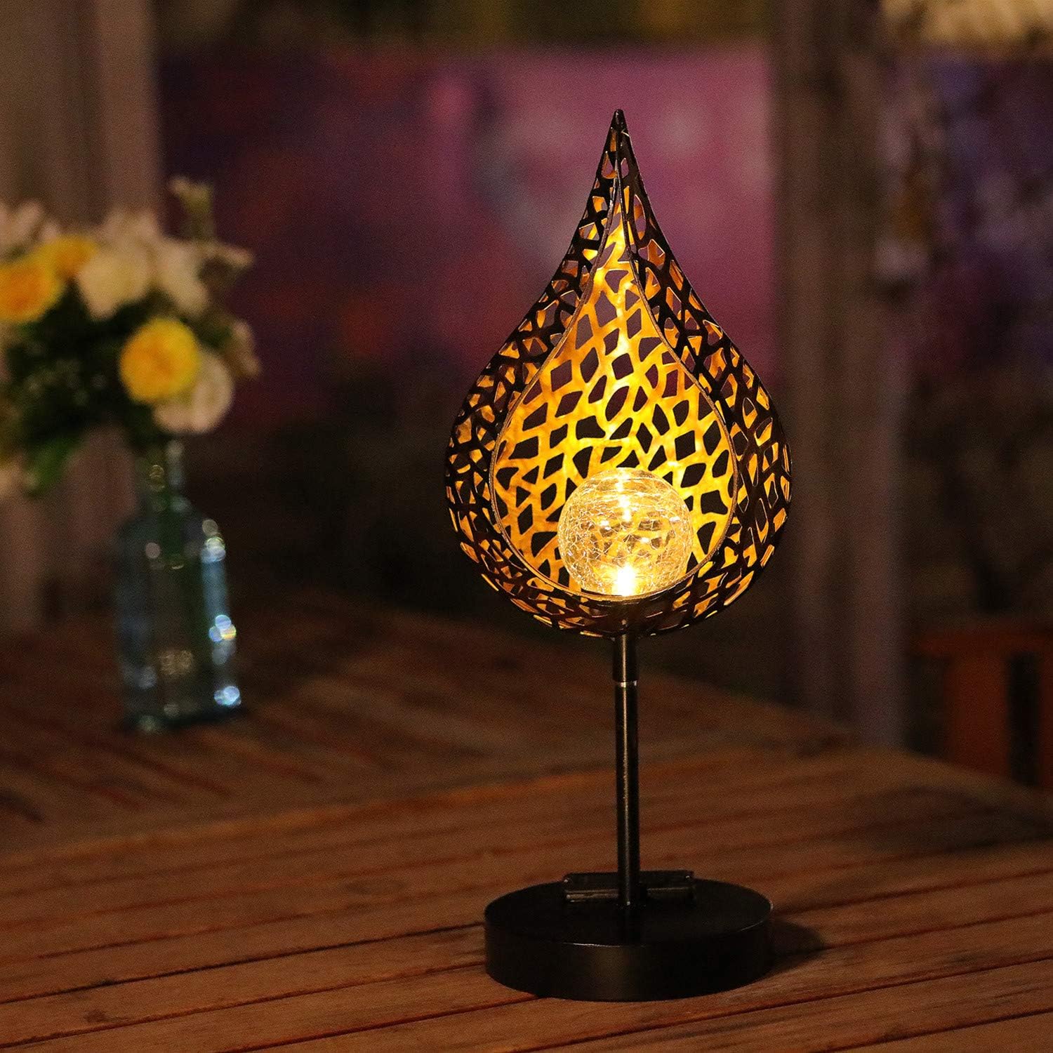 HDNICEZM Garden Solar Table Lights Outdoor Drip Shape Crackle Glass