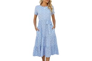 Lyrur Women's Dresses Casual Summer Tiered Midi Dress Short Sleeve Belted Ruffle Babydoll Boho Sundress with Pockets