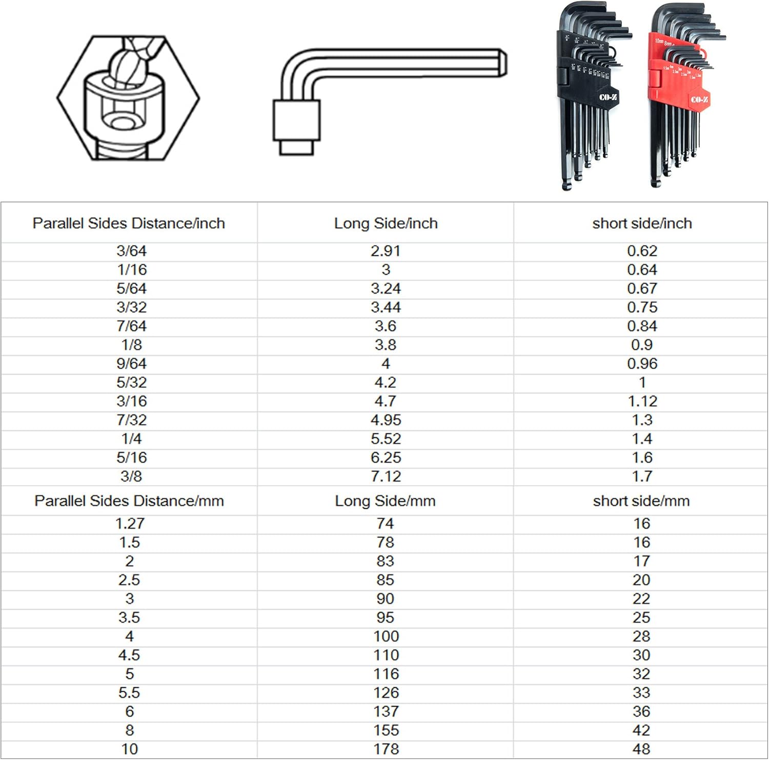 CO-Z Hex Key Allen Wrenches, 26 Pcs Metric/Inch Ball End Long Hex Tool Set, Folding L Keys with Knotched End, Complete L-Wrench Tools Kit for Turning Screws with Foldable Case - - 