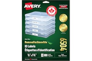 Avery Removable ID Labels for Laser and Inkjet Printers, 1-3/4" x 1/2", White, Rectangle, 800 Labels, Removable (6504) Made i