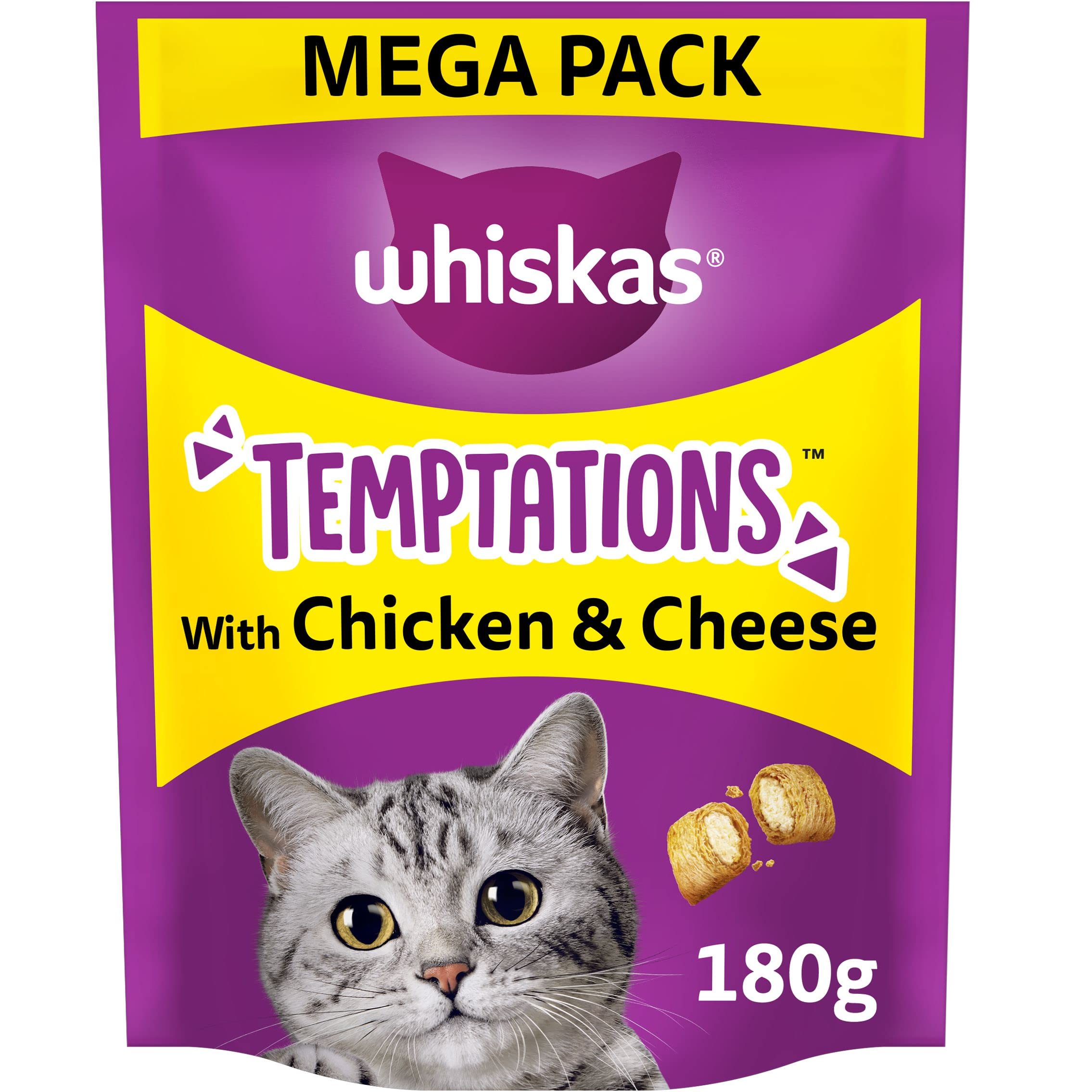 WHISKAS Temptations - Tasty, Crunchy Treats for Adult Cats, Small Bite Size Snacks with a Delicious Chicken and Cheese Filling, 4 x 180 g Packets - Pack May Vary