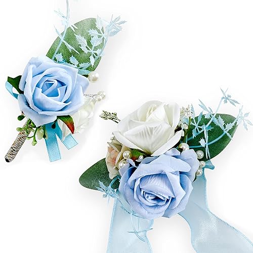 SITUMEIZI 2Pcs Blue Corsage and Boutonniere Set Wrist Corsage Bracelets and Boutonniere for Men Wedding Flowers Prom Suit Accessories
