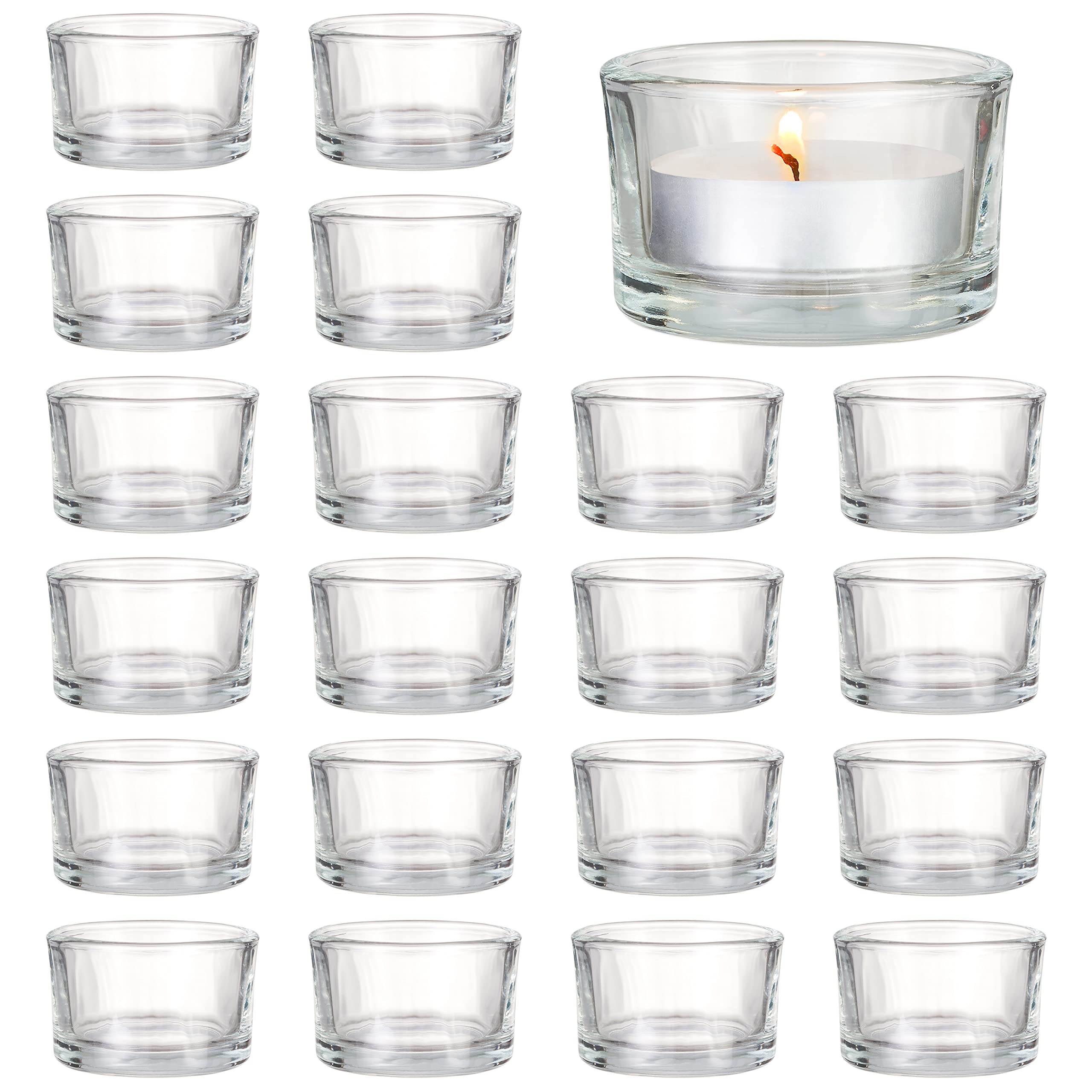 MATANA - 24 Tea Light Candle Holders Elegant Clear Glass, 5 x 3 cm for Candles, Votive Tealight Holders for Decoration, Restaurant, Celebrations Engagement, Wedding, Anniversary - Holder Tea Lights