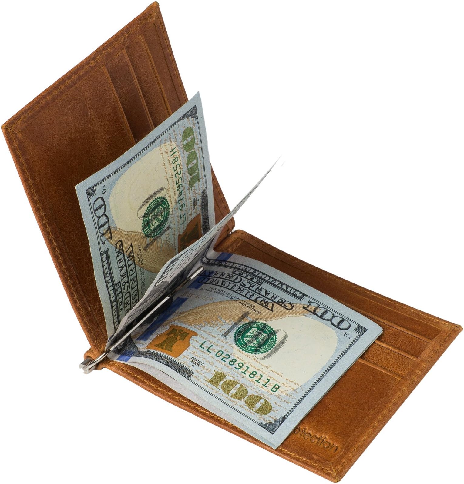 Mens Leather Wallet + Money Clip by Moseeg - Crazy Horse โ Genuine Full Grain Leather - Full RFID Protection - Sexy, Slim & Classy