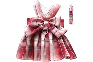 SUNHUKUS Dog Plaid Dress Puppy Bow Skirt Harness Leash Adjustable Doggie Summer Dresses for Small Dogs Cats Rabbit Bunny Chihuahua Yorkies Cute Pet Outfits (Large(Suggest 9-12 lbs), Red)
