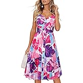 Drimmaks Women's Summer Casual Dress Florals Buttons Down Ruched Sweetheart Neck Sleeveless Midi Sundress