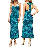 OVGEOU Women Summer Halter Neck Maxi Dress Sleeveless Backless Ruched Tie Casual Beach Vacation Party Bodycon Long Dresses