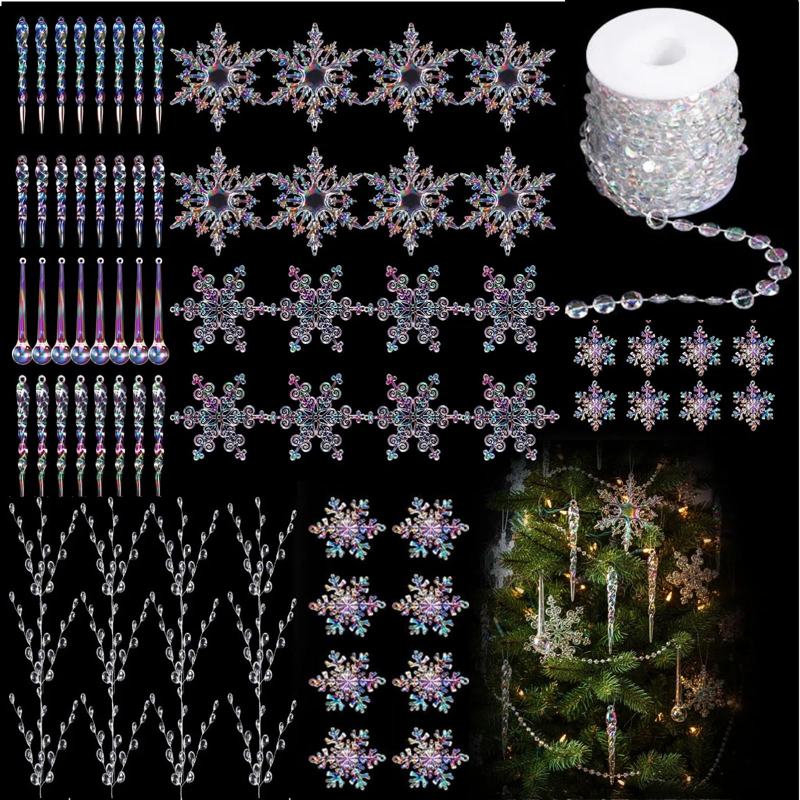 Photo 1 of *MISSING PARTS UNKNOWN*
Chunful 70 Pcs Crystal Iridescent Christmas Ornaments for Tree Decorations 8 Styles Hanging Clear Acrylic Snowflake Icicle Pendants 33 ft Beaded Garland Chain for Xmas Winter Wedding Party Decor