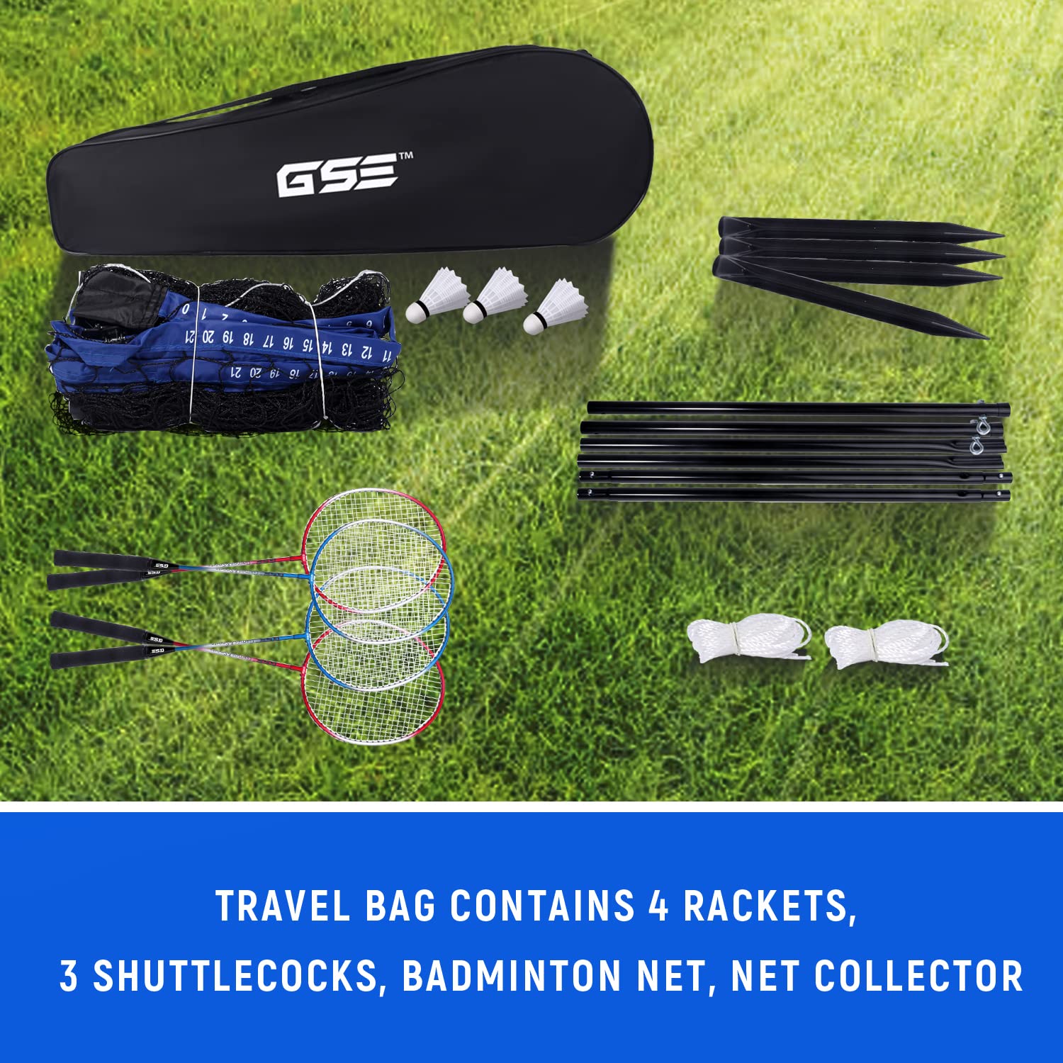 GSE Games & Sports Expert Outdoor Yard Sports Net Game Set for Backyards, Parks, Beach, Lawn. Volleyball Set, Badminton Set OR Volleyball & Badminton Combo Set Available