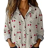 S-5XL Boho Button Shirts for Women Waffle Weave Long Sleeve Blouse with Pockets Ladies V Neck Vintage Printed Tops