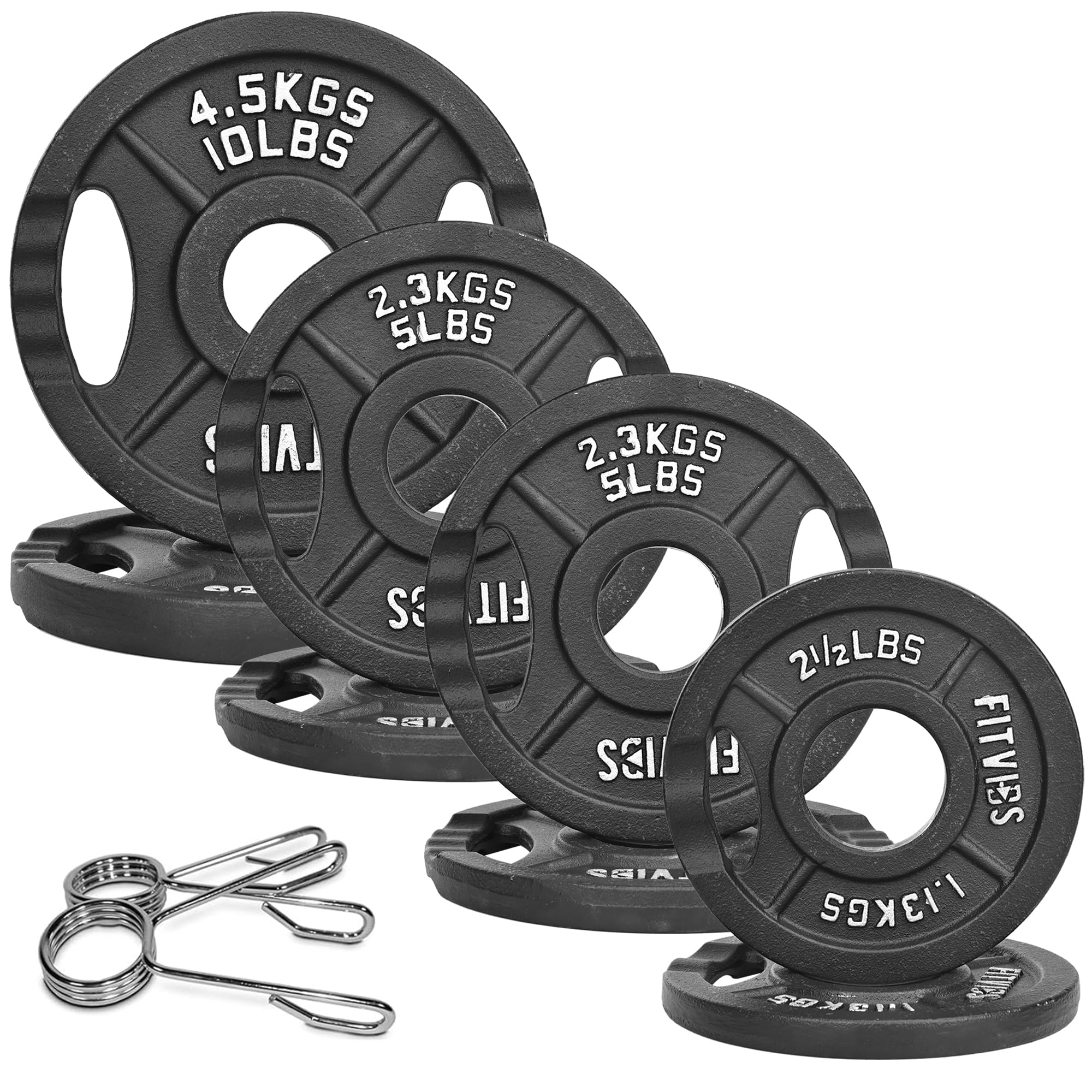 Photo 1 of 2.5+5+5+10 LB Cast Iron Weight Plates Set, 4 Pairs (8 Plates) & 2 Spring Clips, 2-Inch Hole Black with Silver Lettering for Weightlifting, Barbell, and Home Gym
