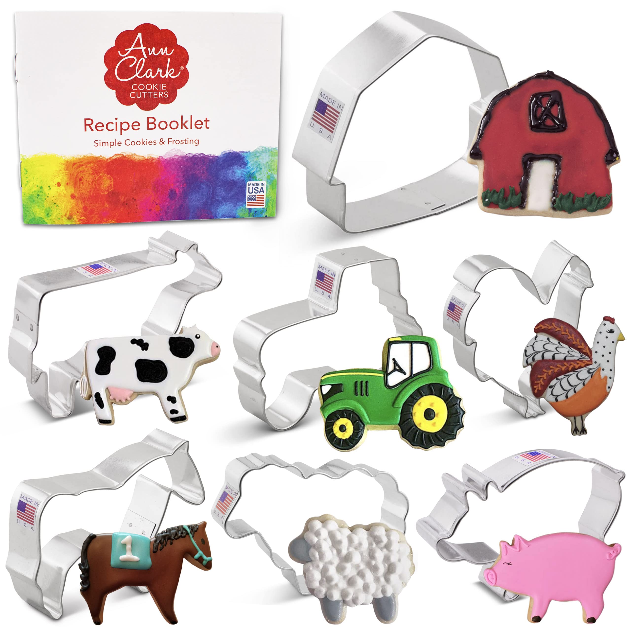 Farm Cookie Cutters 7-Pc. Set Made in USA by Ann Clark, Cow, Pig, Horse, Tractor, Barn, Rooster, Sheep