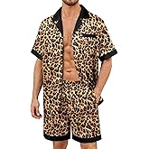 SWOMOG Mens Satin Pajamas Set Silk Pj Sets Short Sleeve Button Down 2 PCS Sleepwear with Drawstring & Pockets S-3XL